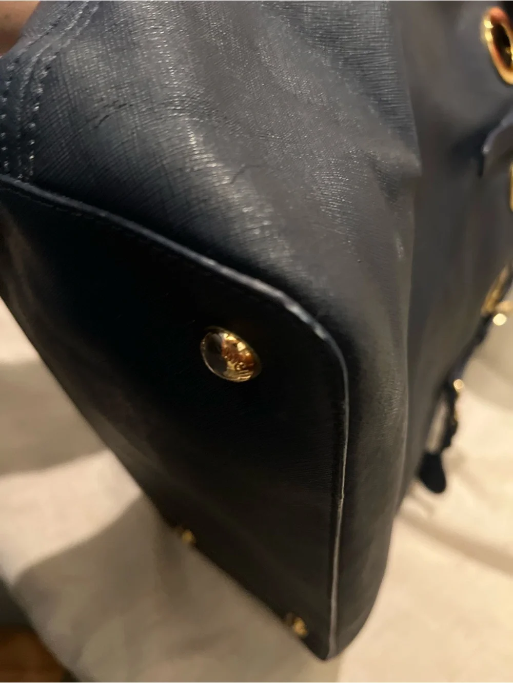 Michael Kors Navy Leather Tote‎ with Gold Grommet Accents Beachy Captain